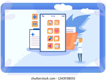 Isometric flat vector illustration medical. Pharmacy item in shop. Concept E-commerce in medicine.