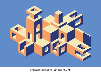 Isometric flat vector illustration with modular blocks and architectural elements. Abstract architecture design. Urban composition.