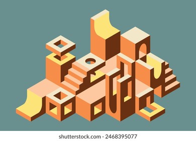 Isometric flat vector illustration with modular blocks and architectural elements. Abstract architecture design. Urban composition.