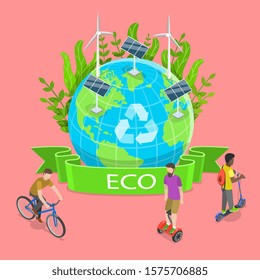 Isometric Flat Vector Illustration of Sustainability and Environmental Protection, 100 Percent Eco Friendly and Zero Waste Concept.