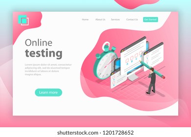 Isometric flat vector landing page header for online testing, questionnaire form, online education, survey, internet exam.