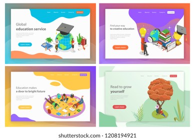 Isometric flat vector landing page templates for education, reading, knowledge.