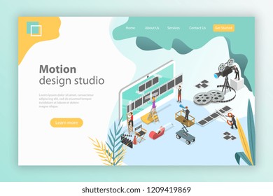 Isometric flat vector landing page template for motion design studio, video editor app, creating video online.