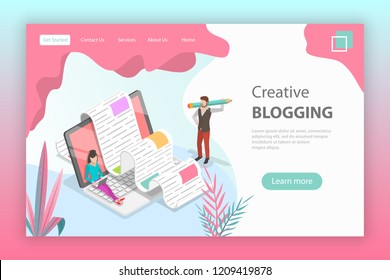 Isometric Flat Vector Landing Page For Creative Blogging, Commercial Blog Posting, Copywriting, Content Marketing Strategy.