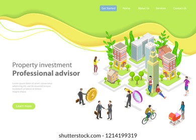 Isometric flat vector landing page template. Investment in property, real estate deal, mortgage.