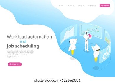 Isometric Flat Vector Landing Page Template For Workload Automation, Job Scheduling, Ai, Big Data, Financial Analysis.