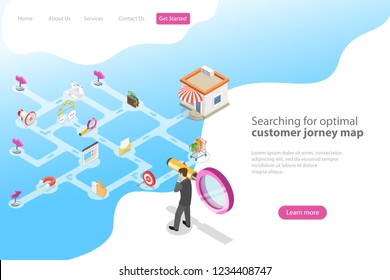 Isometric flat vector landing page template for serching for optimal customer journey, digital marketing campaign, promotion, advertisment.