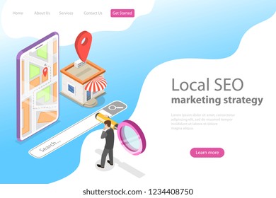 Isometric flat vector landing page for local seo, serching store, e-commerce.