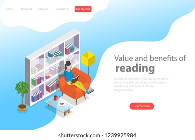 Isometric flat vector landing page template of reading, favorite book, education.