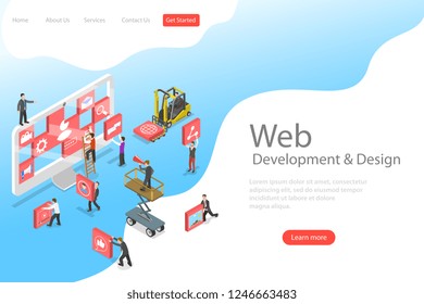 Isometric flat vector landing page template of website builder, site constructor, web services agency, software deveolpment.