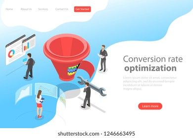 Isometric flat vector landing page template of conversion rate optimization, marketing funnel, digital marketing strategy.