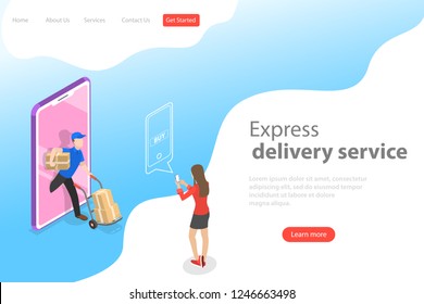 Isometric flat vector landing page template of express delivery service, courier service, goods shipping, food online ordering.