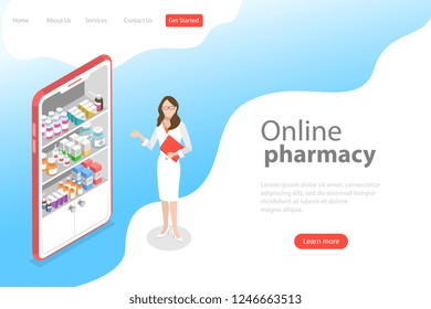 Isometric Flat Vector Landing Page Template Of Online Pharmacy, Mobile App.