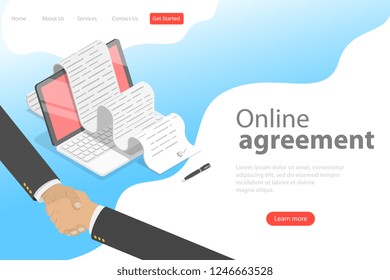 Isometric flat vector landing page template of agreement, handshake, contract signing.
