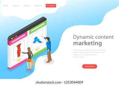 Isometric flat vector landing page template of behavioral digital marketing, dynamic or personalized content.