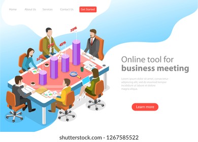 Isometric flat vector landing page template of business meeting app, online conference, webinar, group training.