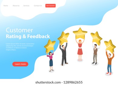 Isometric flat vector landing page template of product rating, customer feedback, positive opinion and review, online survey, five stars.