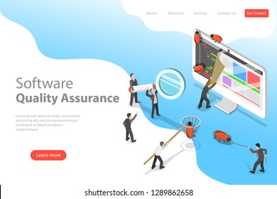Isometric flat vector landing page template of software quality assurance, SQA, product testing and debugging, programming and coding.