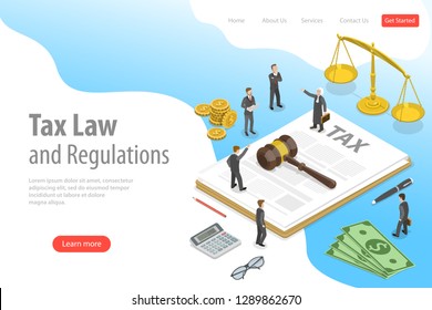 Isometric flat vector landing page template of tax law and regulations, financial advisor, justice.