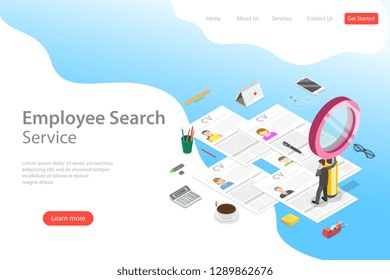 Isometric flat vector landing page template of employee search service, headhunting, recruitment, HR manager review.