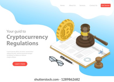 Isometric flat vector landing page template of regulation of cryptocurrency, digital currency legislation, legislative control.