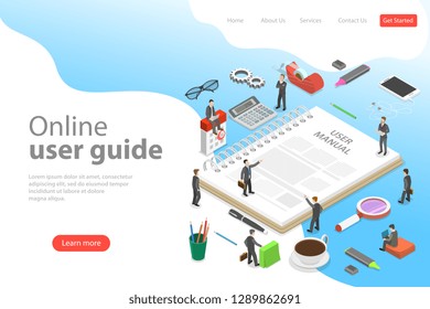 Isometric flat vector landing page template of user manual, guide, operating instractions, requirements and specifications document.