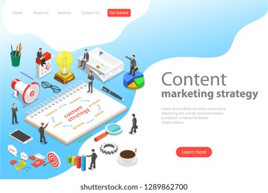 Isometric flat vector landing page template of content marketing strategy, customer engagement, blogging and vlogging, social media sharing.