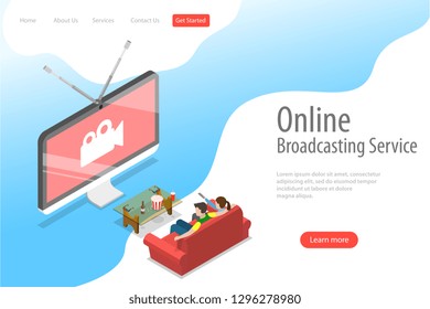 Isometric flat vector landing page template of smart TV, home entertainment, movie online, streaming.