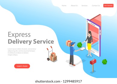 Isometric flat vector landing page template of express delivery service, courier service, goods shipping, food online ordering.