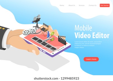 Isometric flat vector landing page template of video editing app, multimedia production, video blogging, motion design.