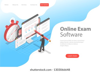 Isometric flat vector landing page header for online testing, questionnaire form, online education, survey, internet exam.