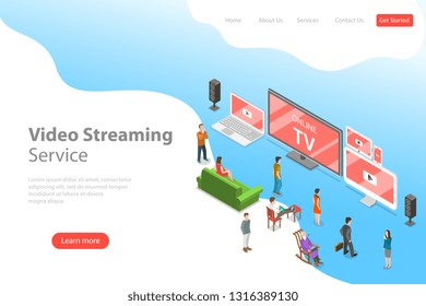 Isometric flat vector landing page template of smart TV, home entertainment, movie online, streaming.