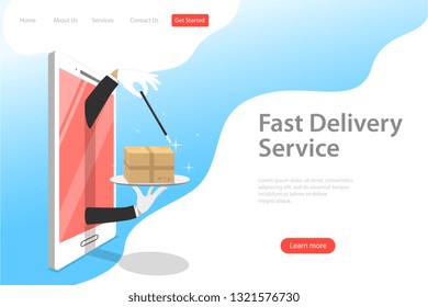 Isometric flat vector landing page template of fast delivery service, courier service, goods shipping, food online ordering.