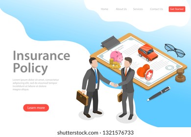 Isometric flat vector landing page template of insurance deal, policy, healthcare and medical service.