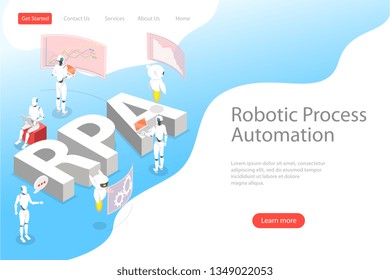 Isometric flat vector landing page template of robotic process automatisation, RPA, AI, artificial intelligence, machine learning.