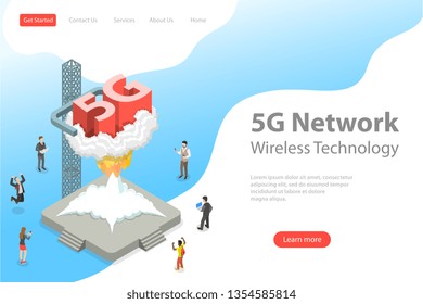 Isometric flat vector landing page template of 5G , global wireless network, high speed internet technology.