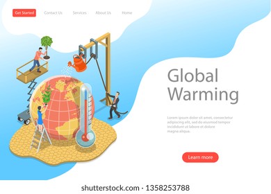 Isometric flat vector landing page template of global warming, climate change, natural disaster.