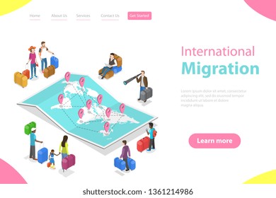 Isometric flat vector landing page template of international migration, immigration, refugee crisis.