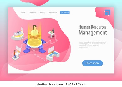 Isometric flat vector landing page template of employee search service, headhunting, recruitment, HR manager review.