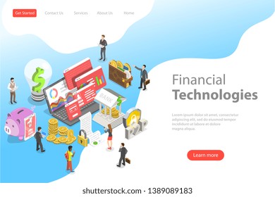 Isometric flat vector landing page template of fintech, financial technology, online banking, blockchain, data analysis.