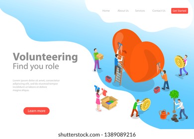 Isometric flat vector landing page template of volunteering and support, donation to care and help the poor.
