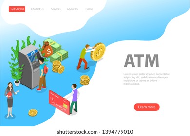 Isometric flat vector landing page template of ATM, bank card, automated teller machine, getting cash.