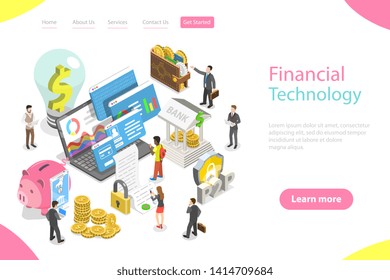 Isometric flat vector landing page template of fintech, financial technology, online banking, blockchain, data analysis.