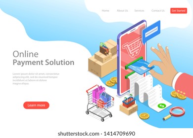 Isometric flat vector landing page template of pay online, internet payment and shopping, money transfer, mobile wallet.