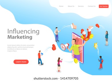 Isometric flat vector landing page template of social media influencer, digital marketing strategy, promotional advertising campaign.