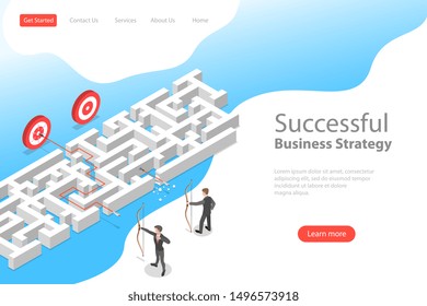 Isometric flat vector landing page template of business advantage, finding solution, marketing achievement and strategy.