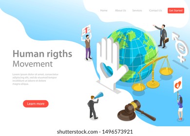 Isometric flat vector landing page template of civil and human rights, volunteers movement, fight against discrimination.