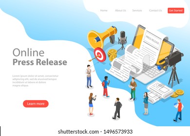 Isometric flat vector landing page template of internet press release, news article service, digital marketing campaign. - Shutterstock ID 1496573933
