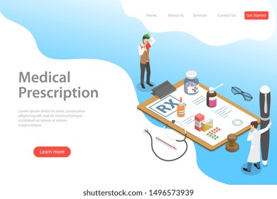 Isometric flat vector landing page template of prescription form, medical service, doctor signs a RX for a patient.