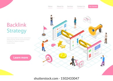 Isometric flat vector landing page template of backlink strategy, SEO link building, digital marketing campaign.